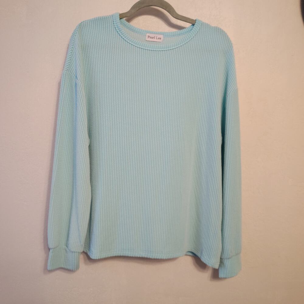 Pearl Lee Ribbed Knit Pullover Sweater Aqua Blue Long Sleeve Stretch Top